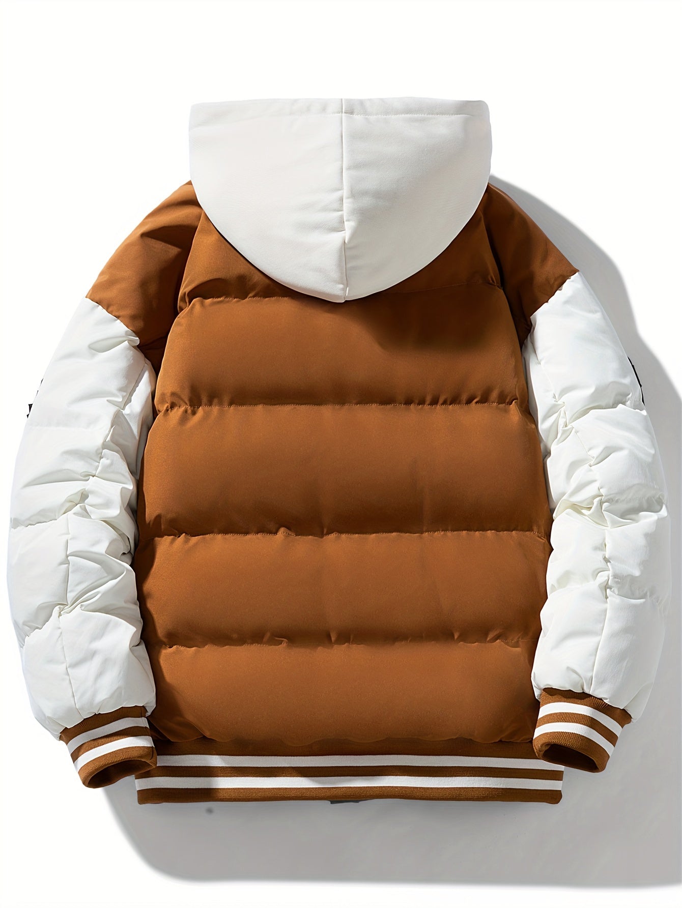 Unisex Winter Jacke im College-Stil mit abnehmbarer Kapuze, Kontrastärmeln & Patches