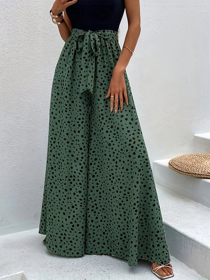 Women's Wide Palazzo Pants with Dots and Tie Belt – Elegant Spring and Summer Style
