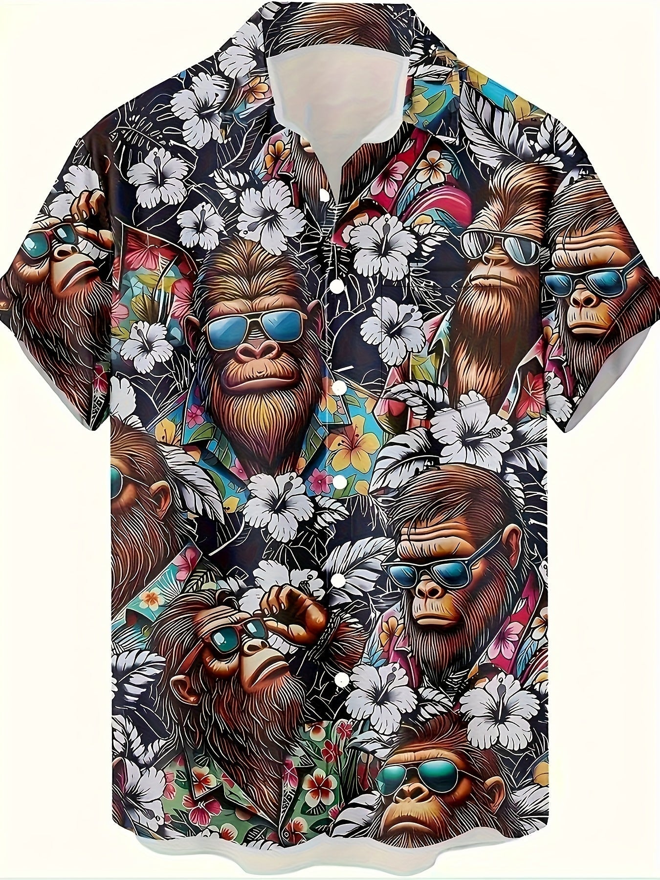 Herren Hawaiihemd mit Affen- und Blumenmuster – Lustiges Sommerhemd, Kurzarm, Freizeit