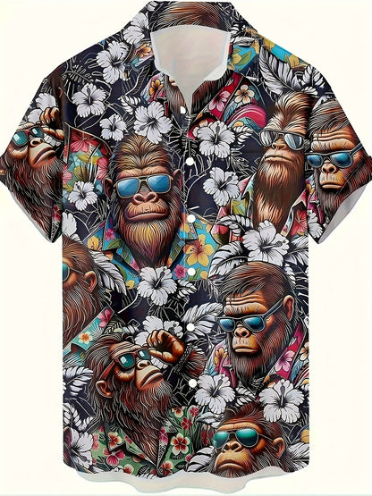 Herren Hawaiihemd mit Affen- und Blumenmuster – Lustiges Sommerhemd, Kurzarm, Freizeit