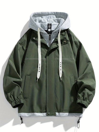 Unisex transitional jacket with hood and zipper, two-in-one look, black/brown