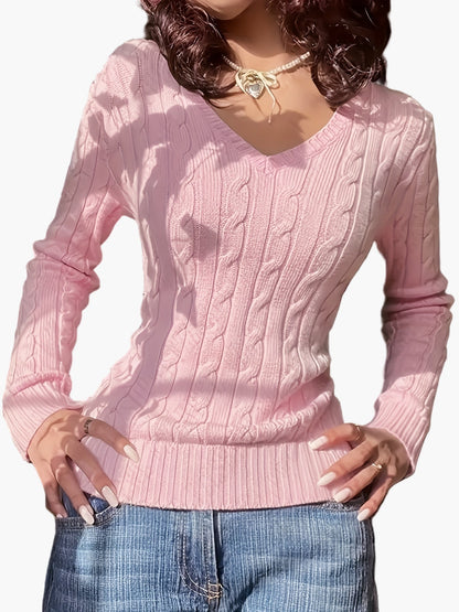 Women's knitted sweater with cable pattern and V-neck – fashionable casual sweater for everyday and office use