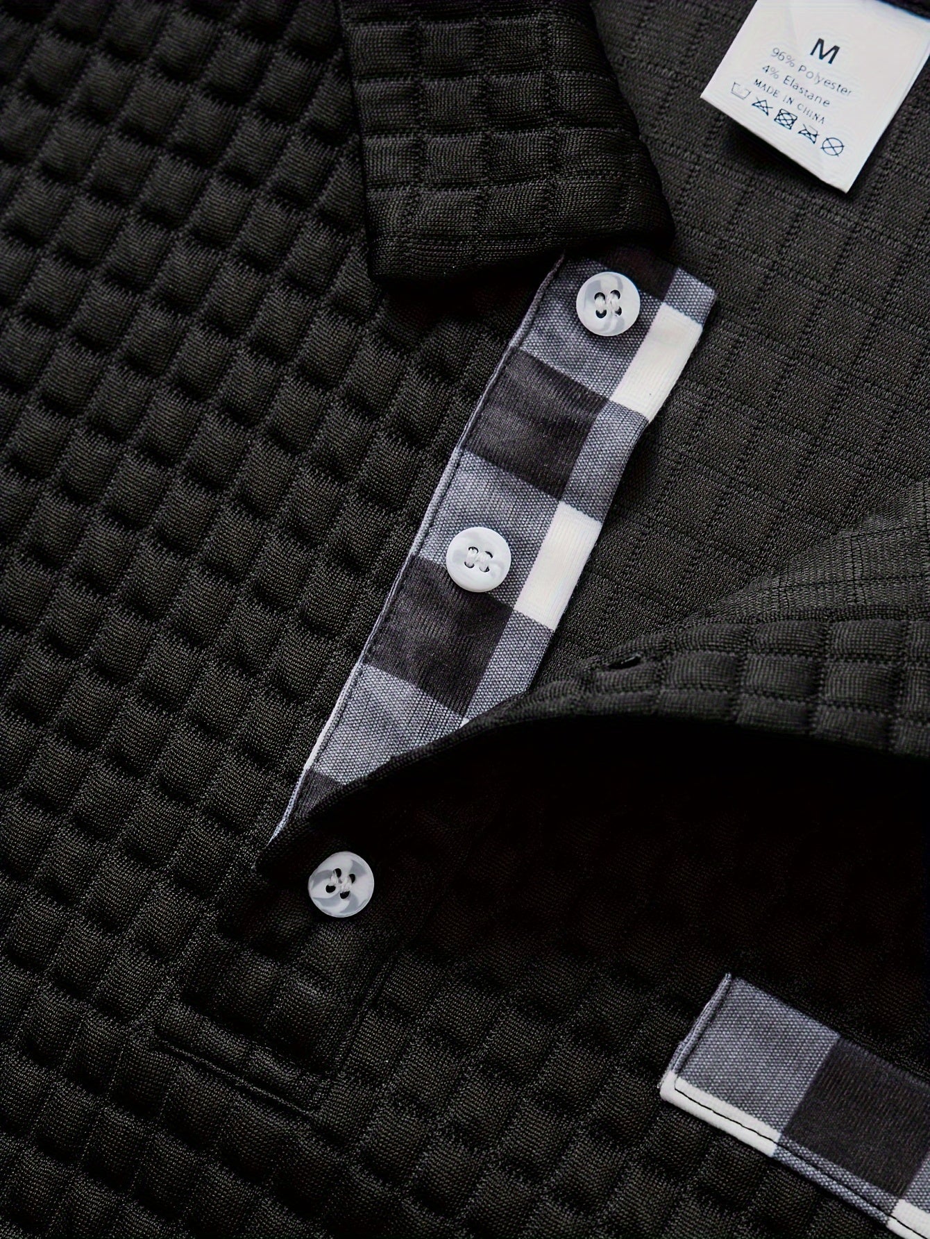 Men's long-sleeved polo shirt with a waffle texture and checked collar, navy blue and army green