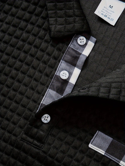 Men's long-sleeved polo shirt with a waffle texture and checked collar, navy blue and army green