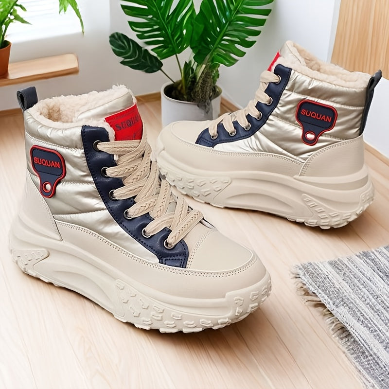 Women's winter boots, warm-lined beige high-top sneakers