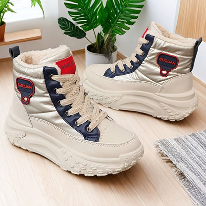 Women's winter boots, warm-lined beige high-top sneakers