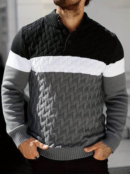 Herren Grobstrick Pullover mit Stehkragen & Knopfleiste, Farbblock-Design, Langarm