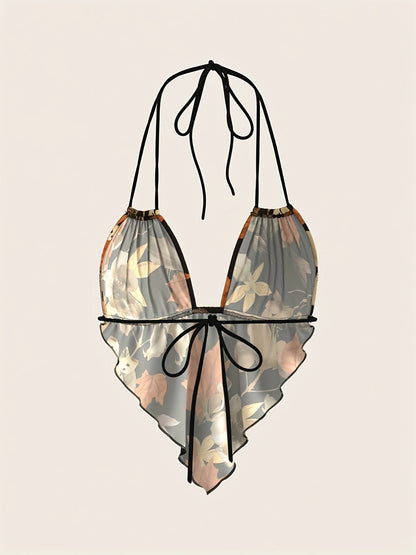 Women's bodysuit with retro print and deep neckline – Elegant one-piece for festival & leisure