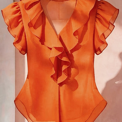 Women's blouse with ruffles and V-neck – Elegant frilled blouse for office and leisure