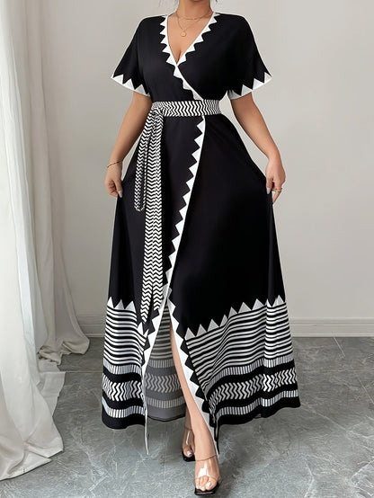 Women's maxi dress with graphic pattern and waist belt – Elegant summer dress for festive occasions