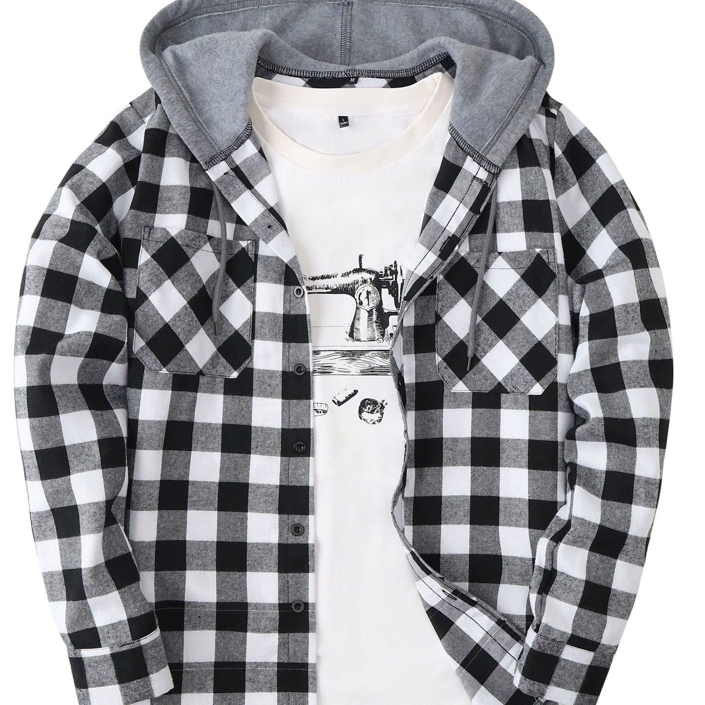 Men’s plaid hooded shirt with button placket