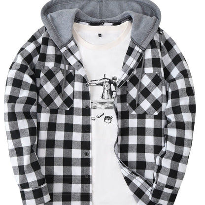 Men’s plaid hooded shirt with button placket
