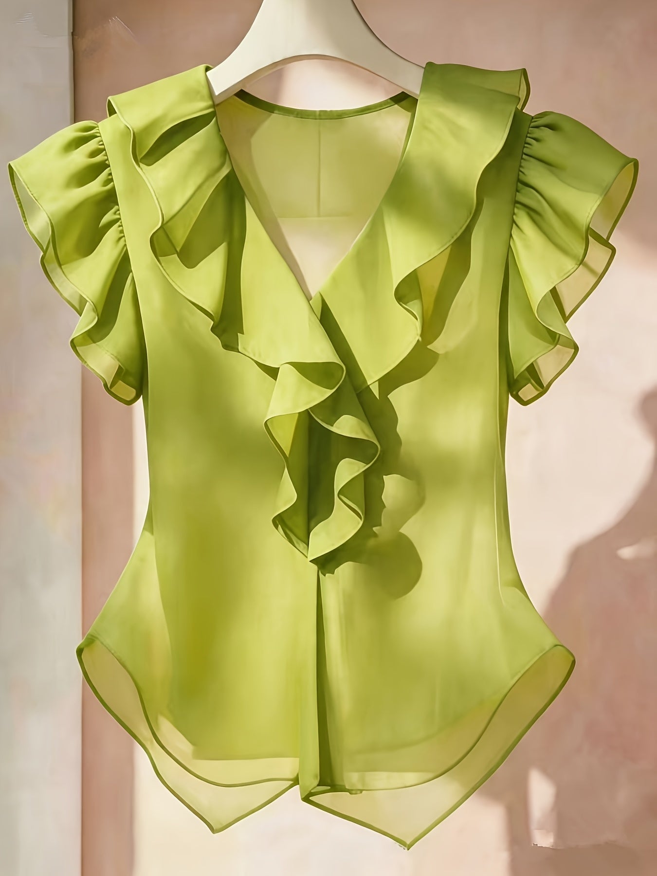 Women's blouse with ruffles and V-neck – Elegant frilled blouse for office and leisure