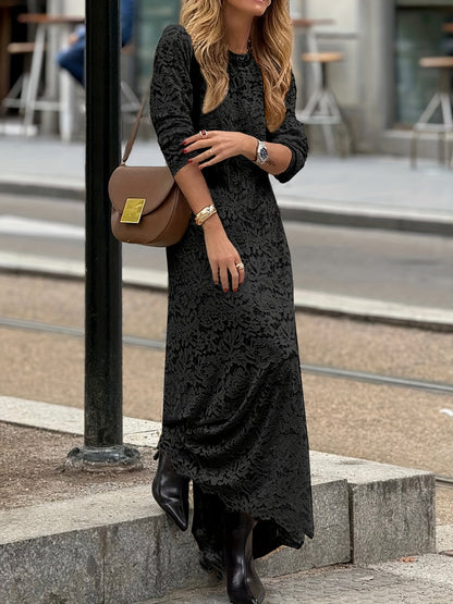 Women's Elegant Maxi Dress with Long Sleeves and Textured Pattern – Perfect for Everyday and Special Occasions
