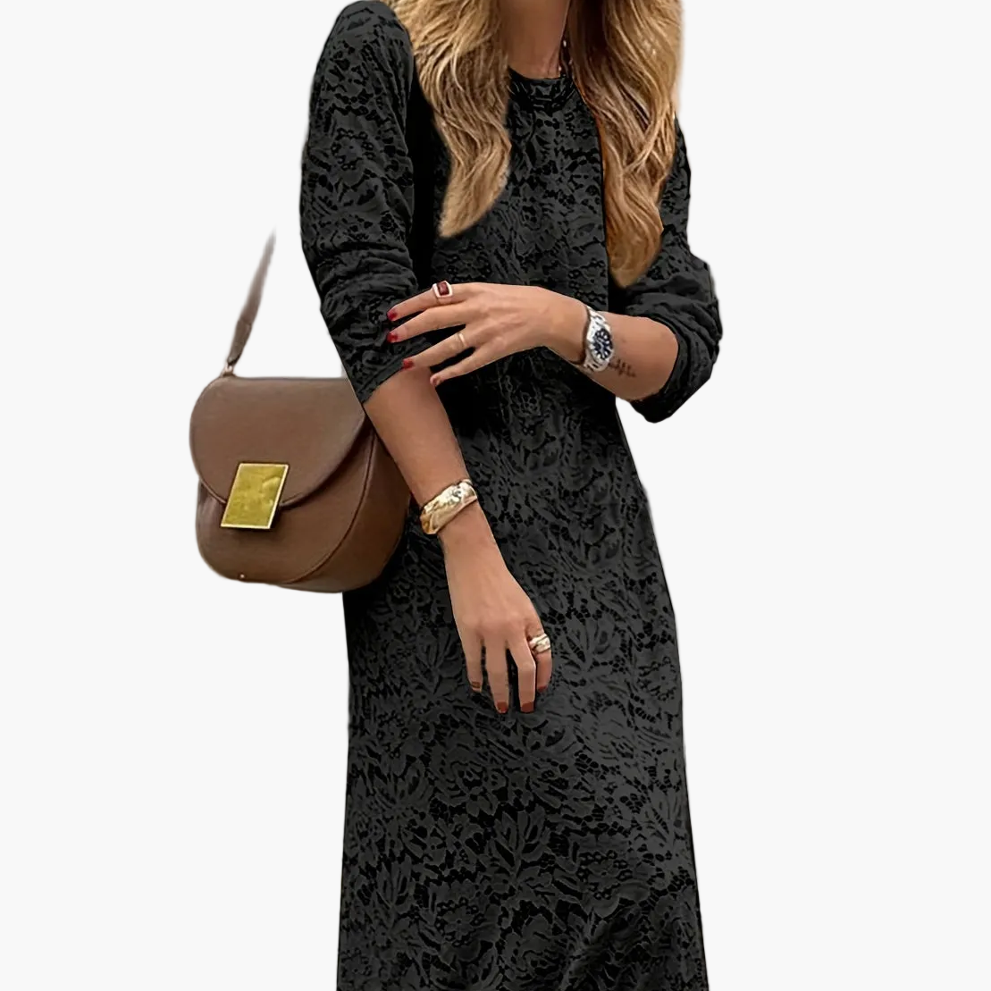 Women's Elegant Maxi Dress with Long Sleeves and Textured Pattern – Perfect for Everyday and Special Occasions