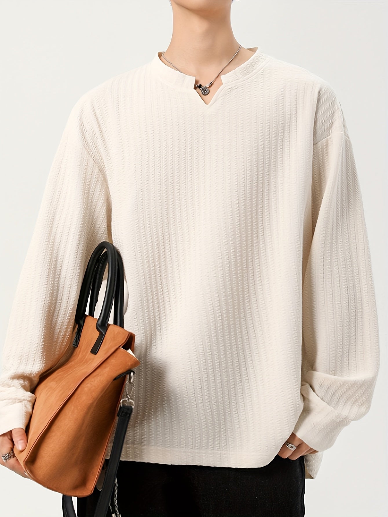 Men's long-sleeve shirt, Henley neckline, textured, light beige