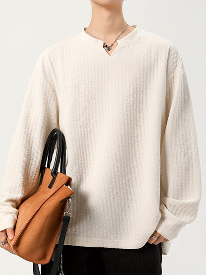 Men's long-sleeve shirt, Henley neckline, textured, light beige