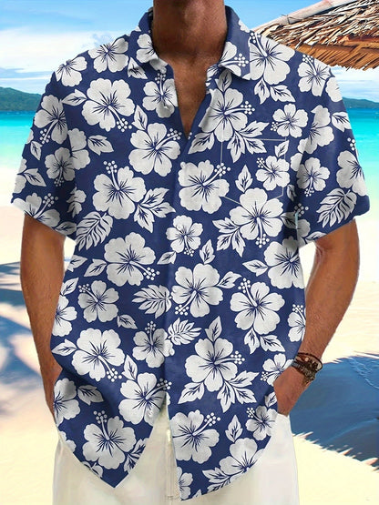 Men's Hawaiian Shirt with Floral Pattern for Vacation and Leisure – Short Sleeve, Regular Fit