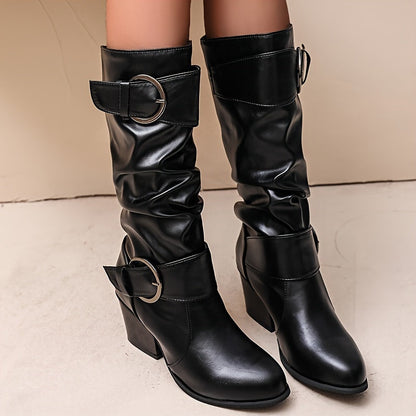 Damen Stiefel mit Schnallen Mid-Calf Blockabsatz Schwarz Braun