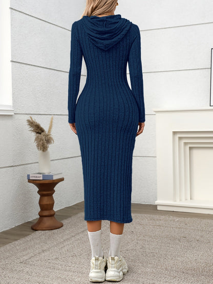 Ribbed midi dress for women, long-sleeve hooded dress