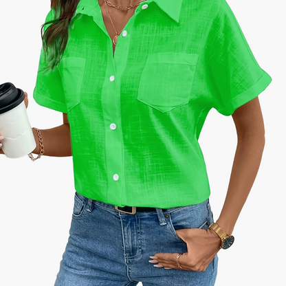Women's Short-Sleeve Blouse with Bird Print and Chest Pocket – Fashionable Casual Shirt