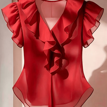 Women's blouse with ruffles and V-neck – Elegant frilled blouse for office and leisure