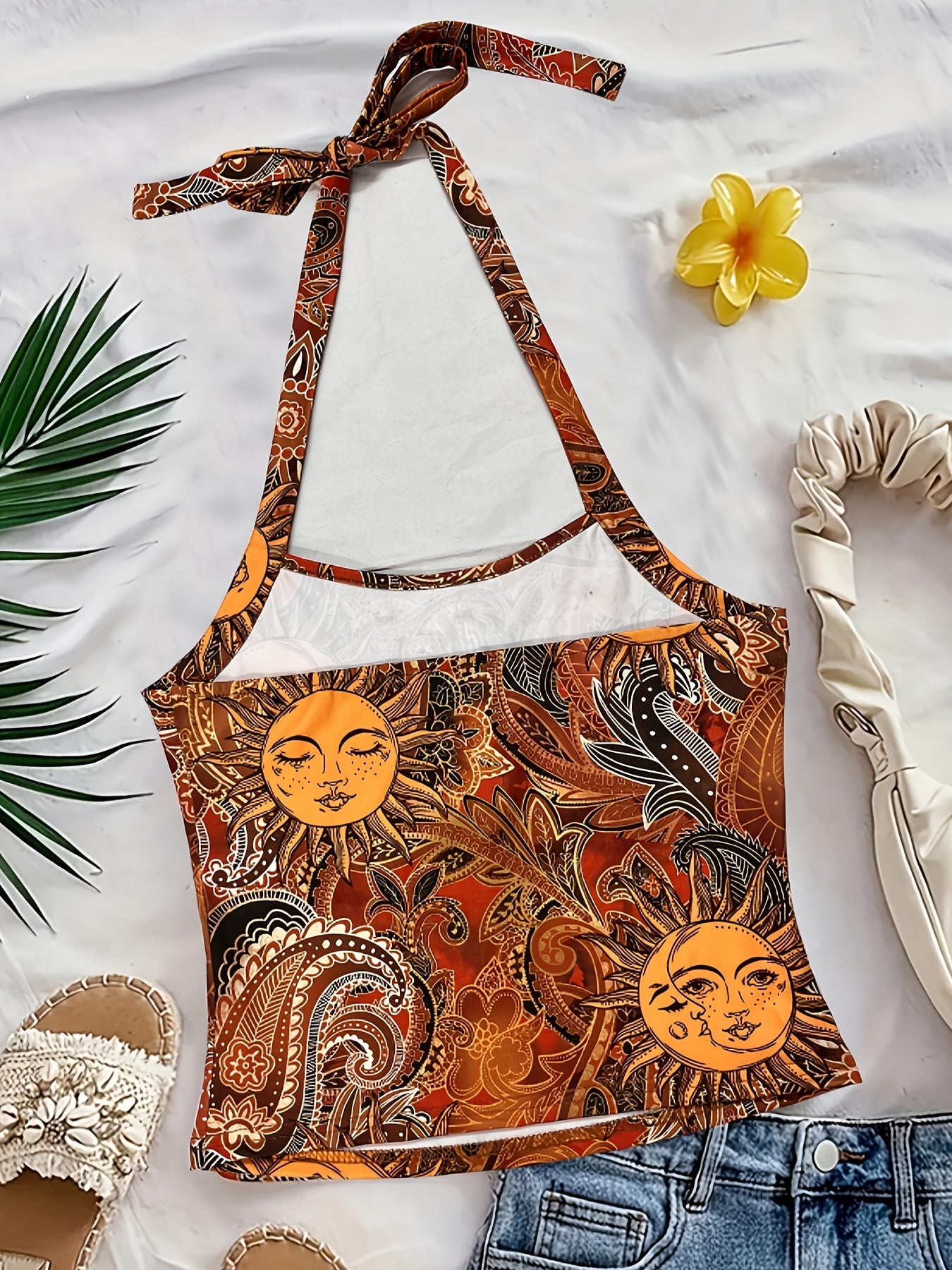 Damen Vintage Halterneck Top mit Boho-Sonnen- und Mondprint – Perfekt für Sommer & Festival
