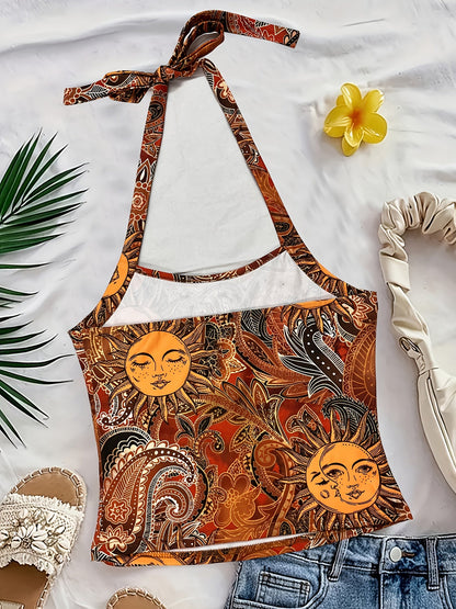 Damen Vintage Halterneck Top mit Boho-Sonnen- und Mondprint – Perfekt für Sommer & Festival
