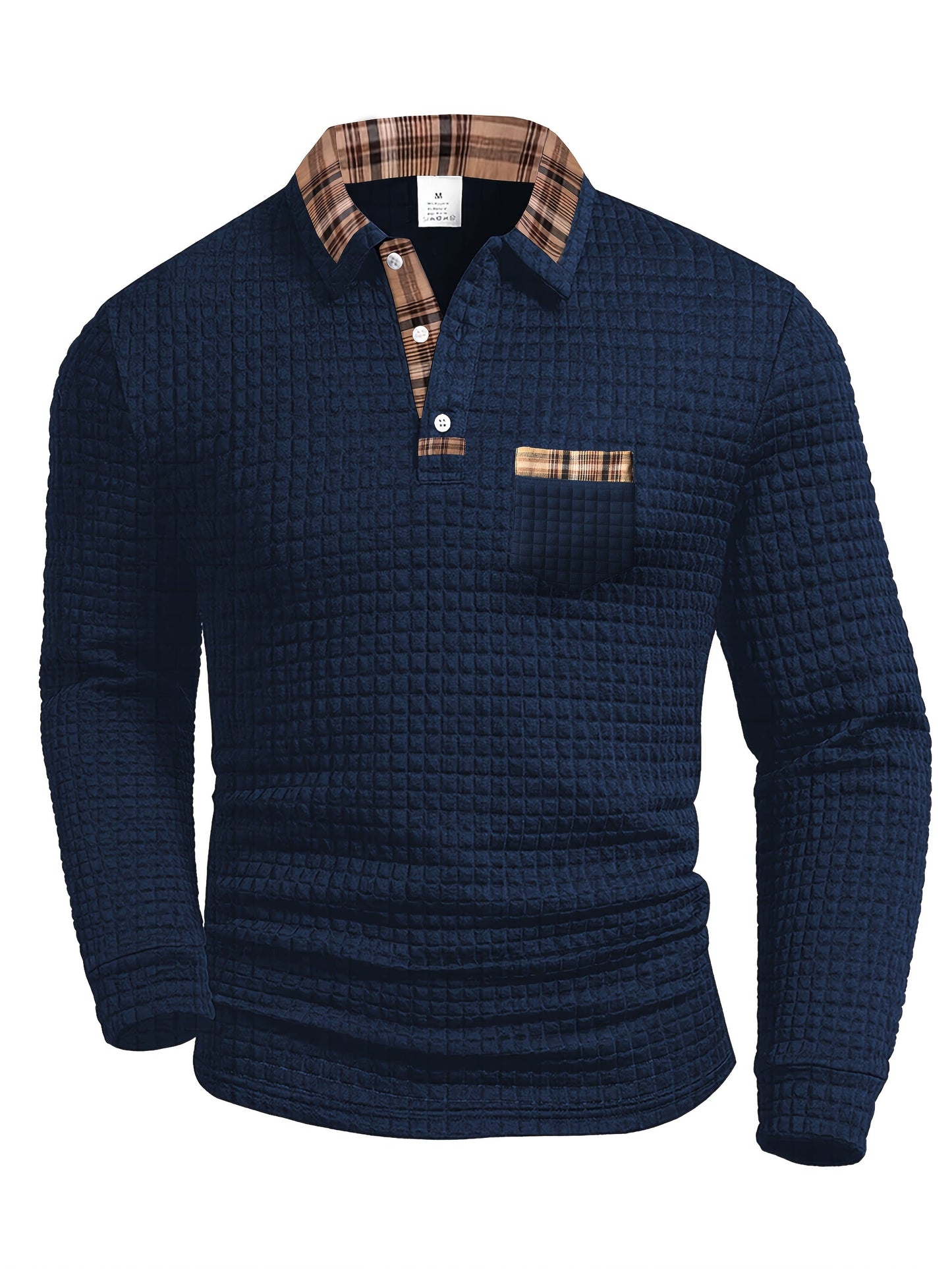 Men's long-sleeve polo shirt with waffle texture and checked pattern