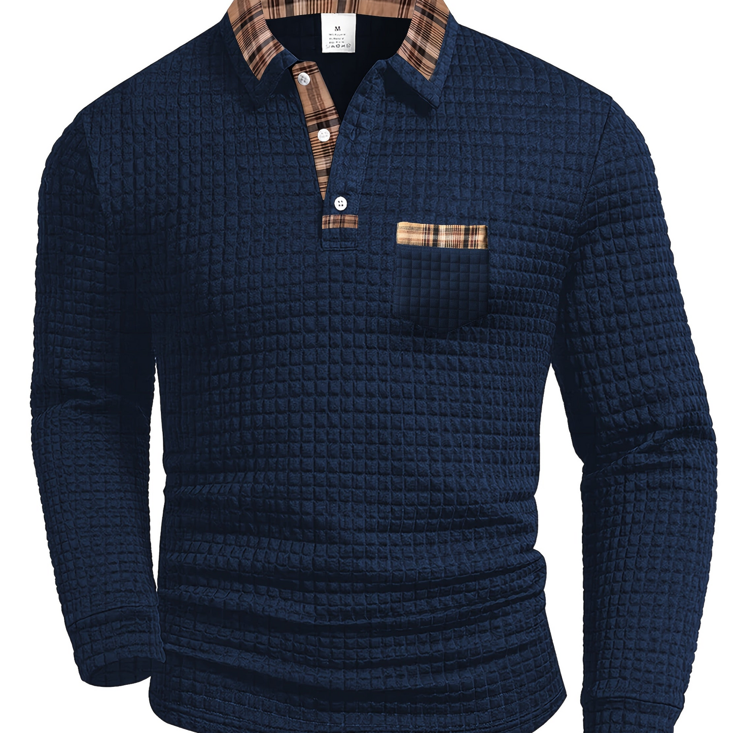 Men's long-sleeve polo shirt with waffle texture and checked pattern