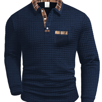 Men's long-sleeve polo shirt with waffle texture and checked pattern