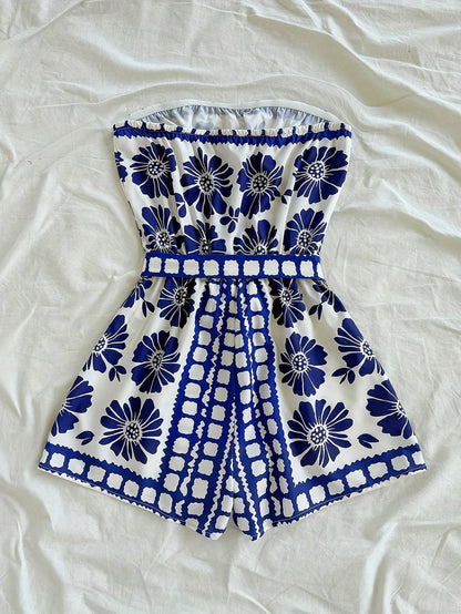 Women's Bandeau Jumpsuit with Floral Pattern and Waist Belt – Summer One-Piece for Vacation and Leisure
