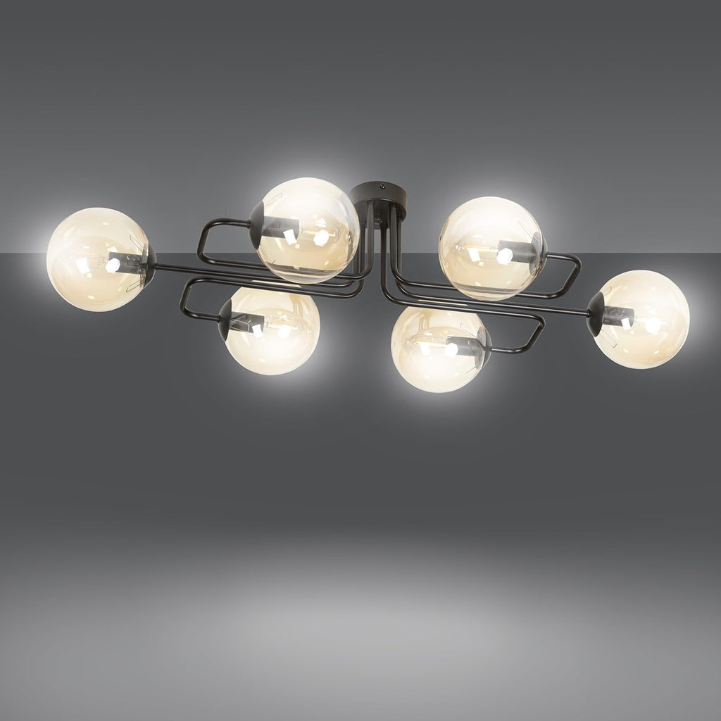 Plafondlamp Brendi gepoedercoat staal, modern, zwart met amberkleurig glas, 6 lichts, 93 x 50 x 32 cm
