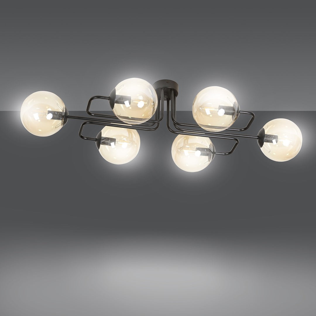 Plafondlamp Brendi gepoedercoat staal, modern, zwart met amberkleurig glas, 6 lichts, 93 x 50 x 32 cm