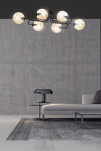 Plafondlamp Brendi gepoedercoat staal, modern, zwart met amberkleurig glas, 6 lichts, 93 x 50 x 32 cm