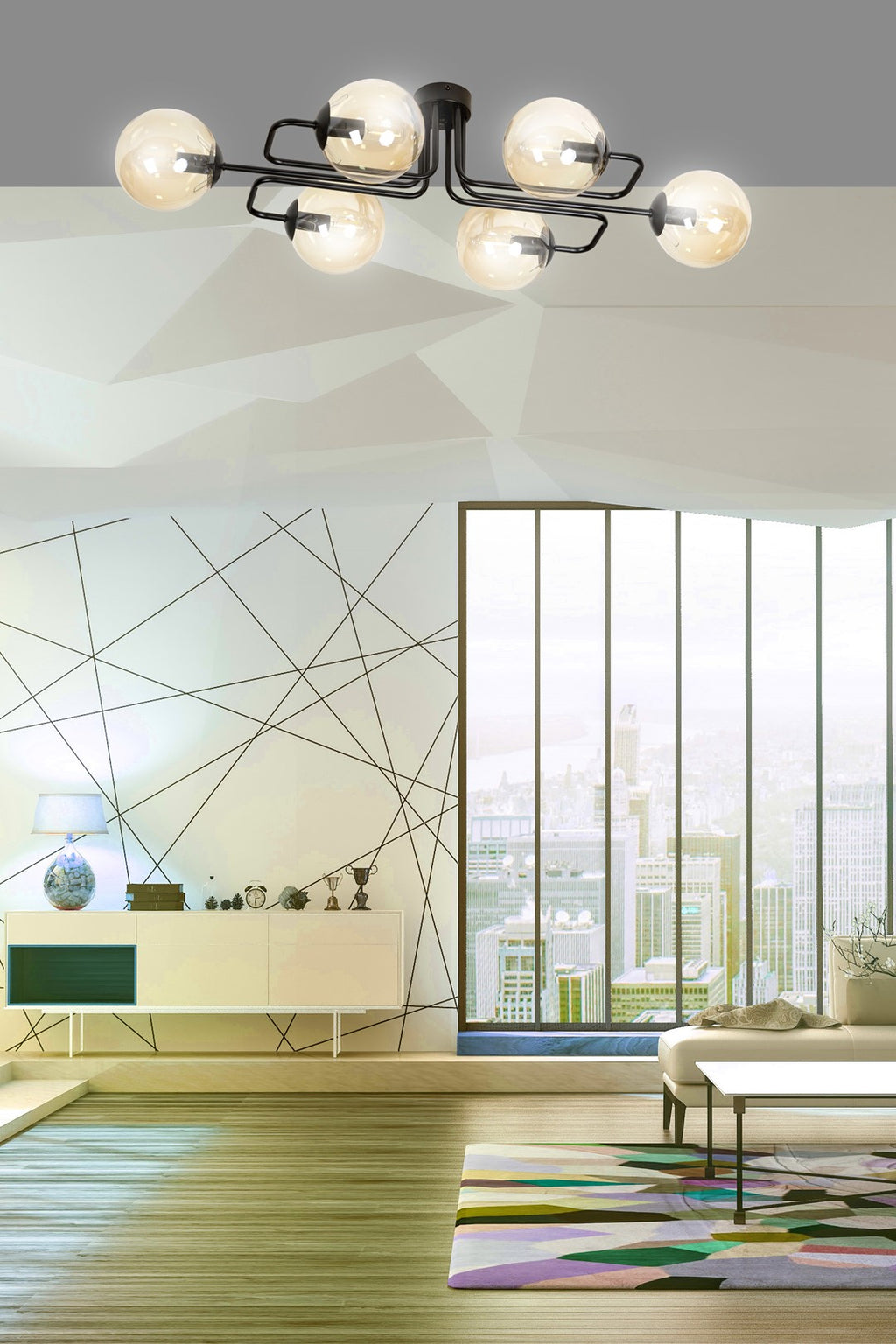 Plafondlamp Brendi gepoedercoat staal, modern, zwart met amberkleurig glas, 6 lichts, 93 x 50 x 32 cm