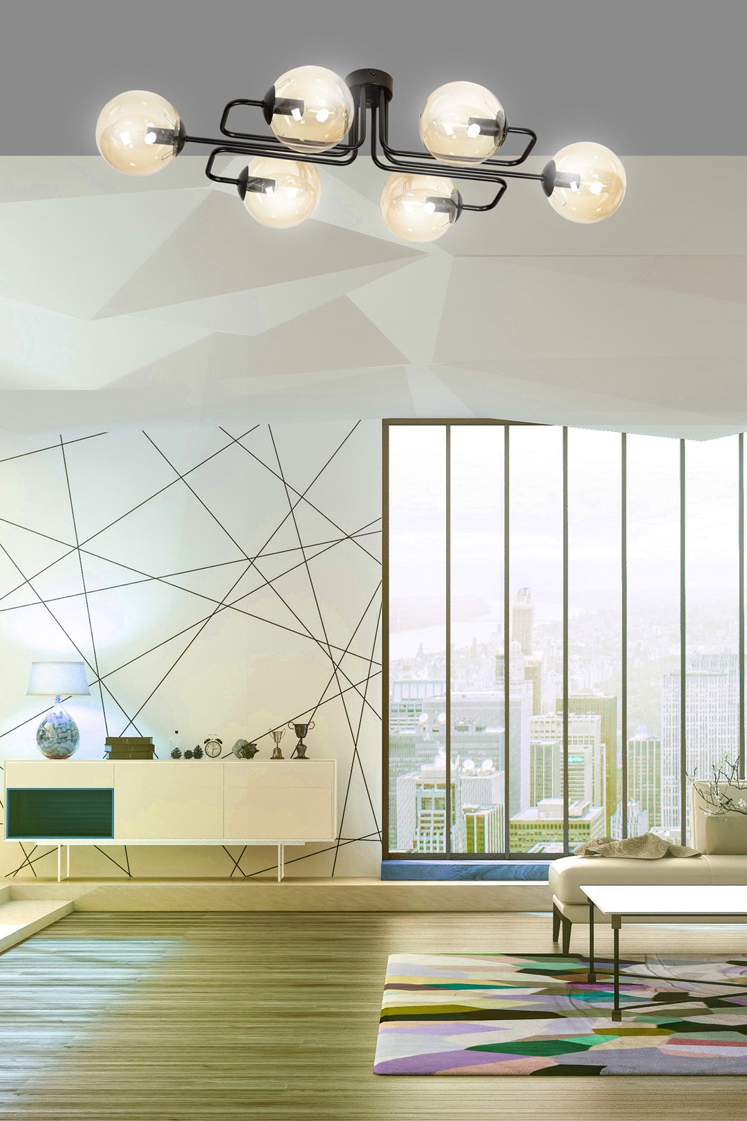 Plafondlamp Brendi gepoedercoat staal, modern, zwart met amberkleurig glas, 6 lichts, 93 x 50 x 32 cm