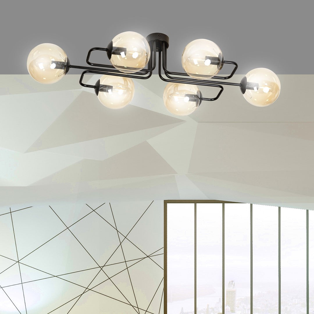 Plafondlamp Brendi gepoedercoat staal, modern, zwart met amberkleurig glas, 6 lichts, 93 x 50 x 32 cm