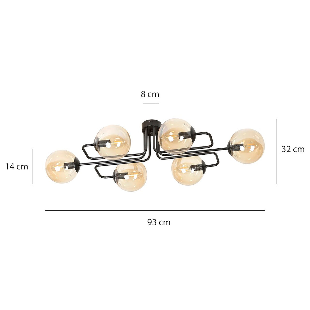 Plafondlamp Brendi gepoedercoat staal, modern, zwart met amberkleurig glas, 6 lichts, 93 x 50 x 32 cm