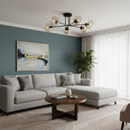 Plafondlamp gepoedercoat staal en glas Brendi, zwart met amberkleurige glazen kappen, 6 lichts, 75 cm breed