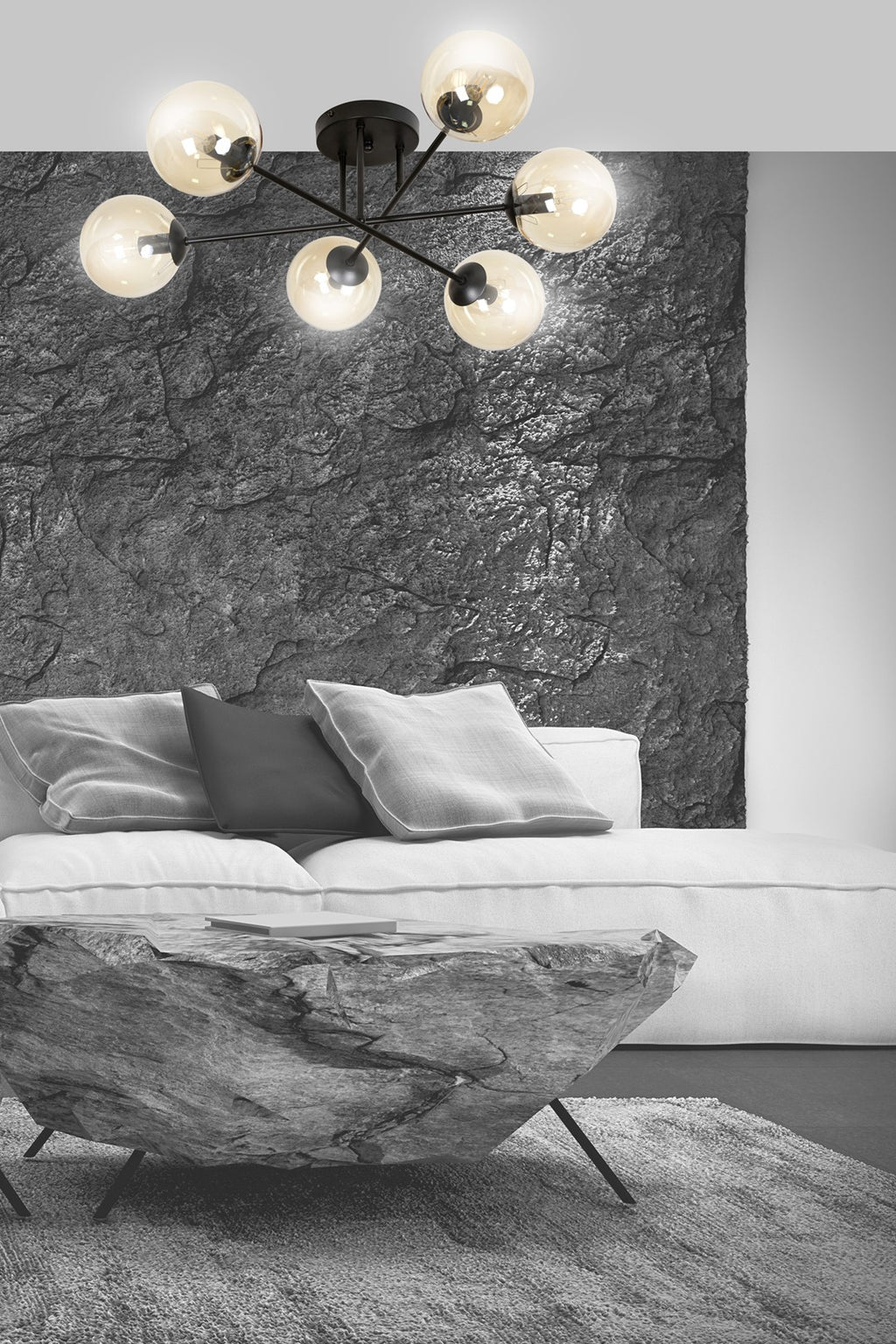 Plafondlamp gepoedercoat staal en glas Brendi, zwart met amberkleurige glazen kappen, 6 lichts, 75 cm breed