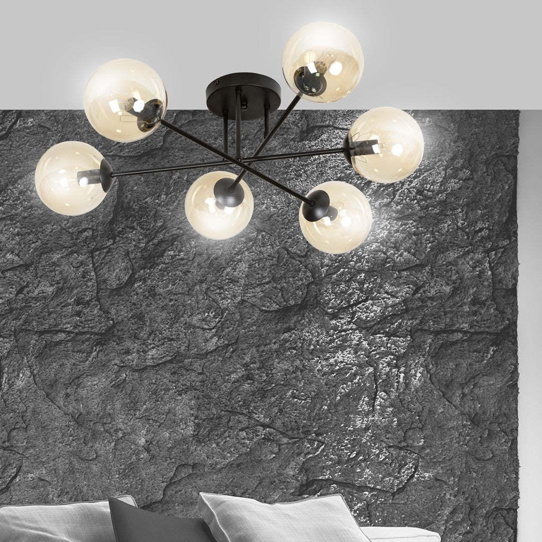 Plafondlamp gepoedercoat staal en glas Brendi, zwart met amberkleurige glazen kappen, 6 lichts, 75 cm breed