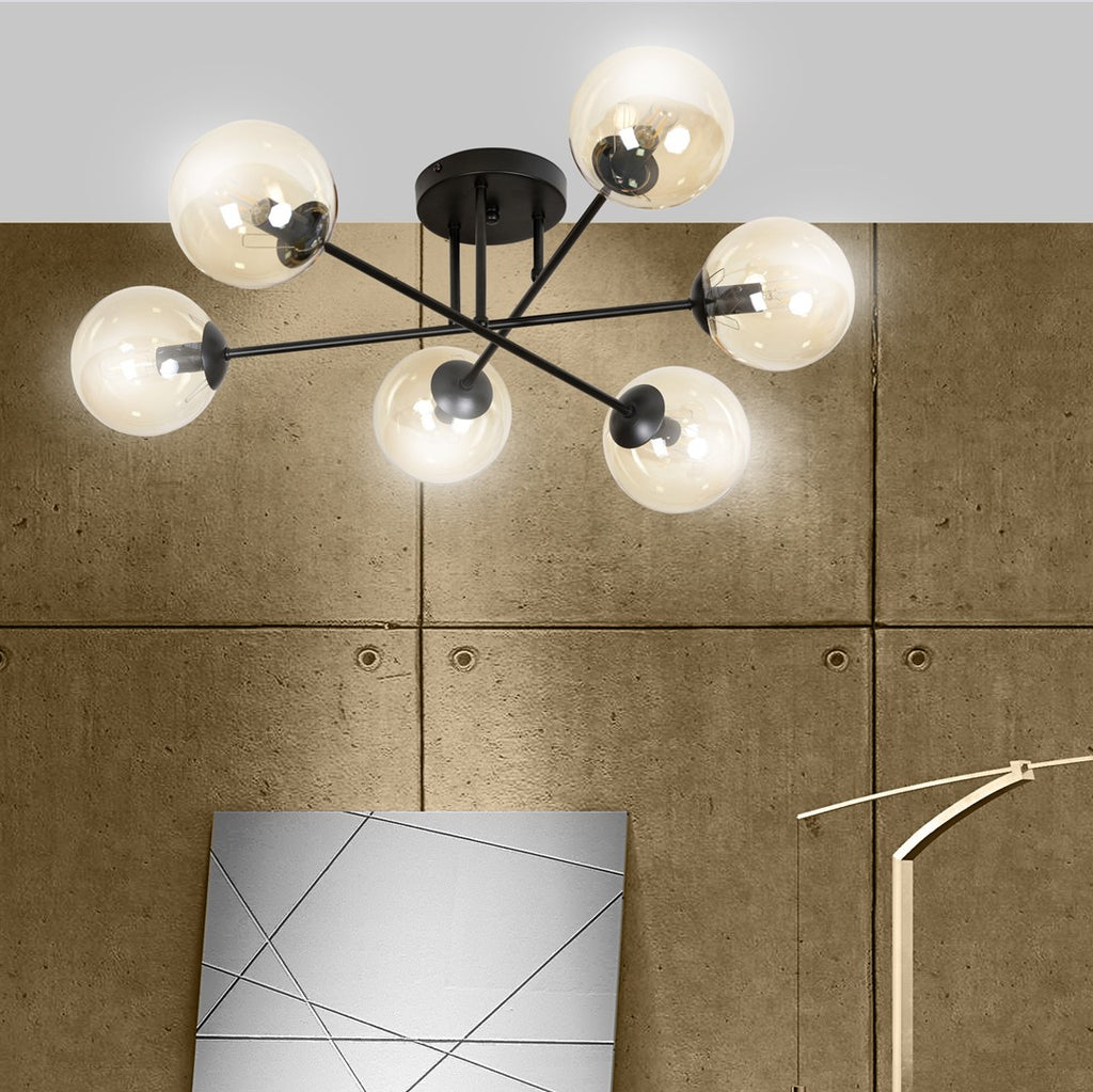 Plafondlamp gepoedercoat staal en glas Brendi, zwart met amberkleurige glazen kappen, 6 lichts, 75 cm breed