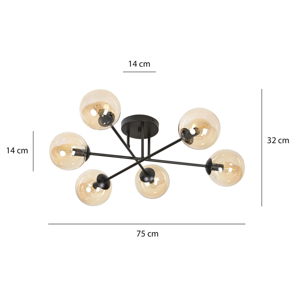 Plafondlamp gepoedercoat staal en glas Brendi, zwart met amberkleurige glazen kappen, 6 lichts, 75 cm breed