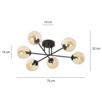 Plafondlamp gepoedercoat staal en glas Brendi, zwart met amberkleurige glazen kappen, 6 lichts, 75 cm breed