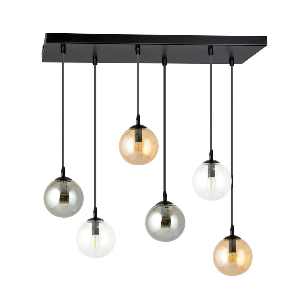 Hanglamp gepoedercoat staal en glas, modern, zwart met transparante, grafiet en amber kappen, 6 lichts, 65 x 120 cm