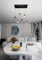 Hanglamp gepoedercoat staal en glas, modern, zwart met transparante, grafiet en amber kappen, 6 lichts, 65 x 120 cm