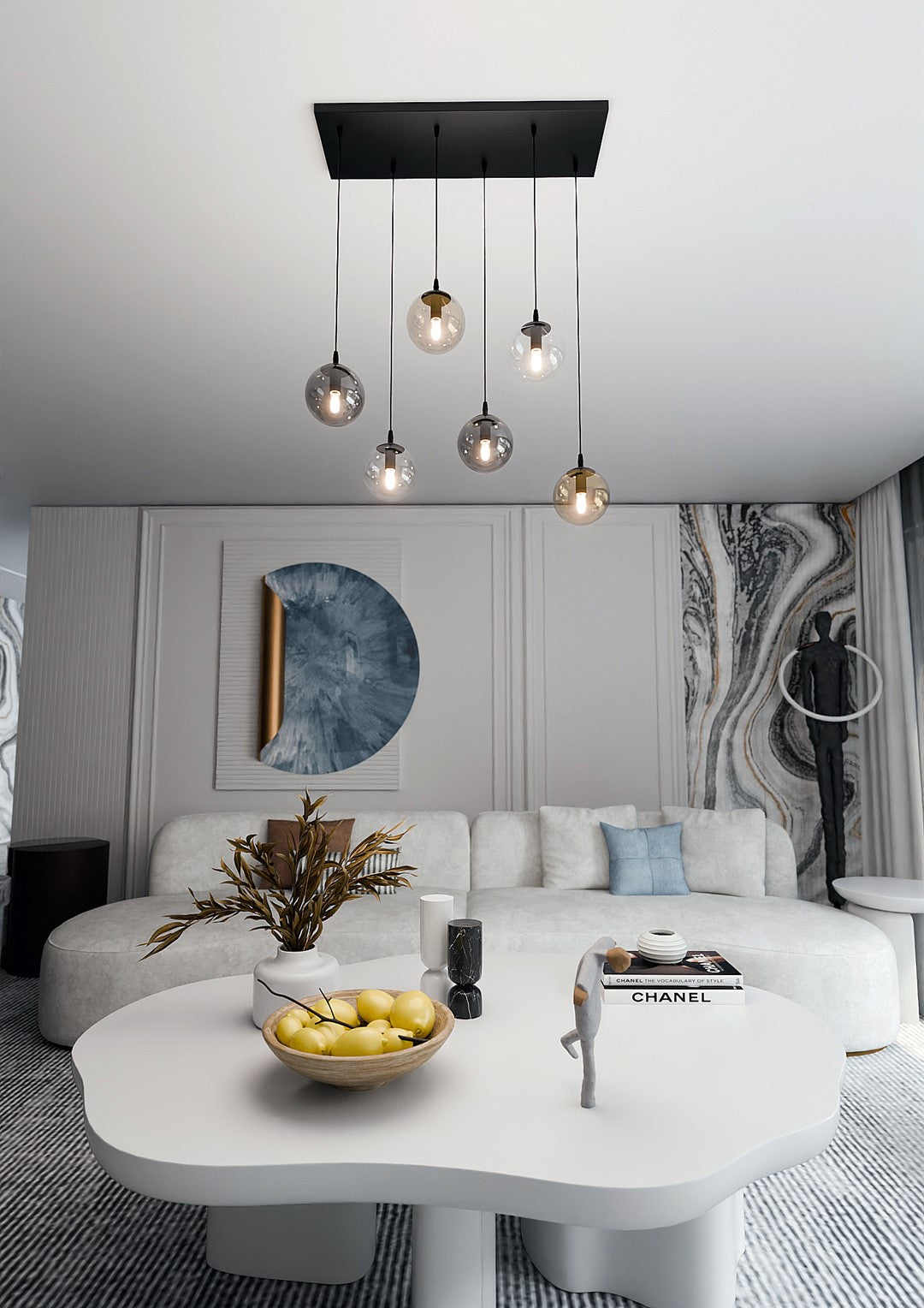 Hanglamp gepoedercoat staal en glas, modern, zwart met transparante, grafiet en amber kappen, 6 lichts, 65 x 120 cm