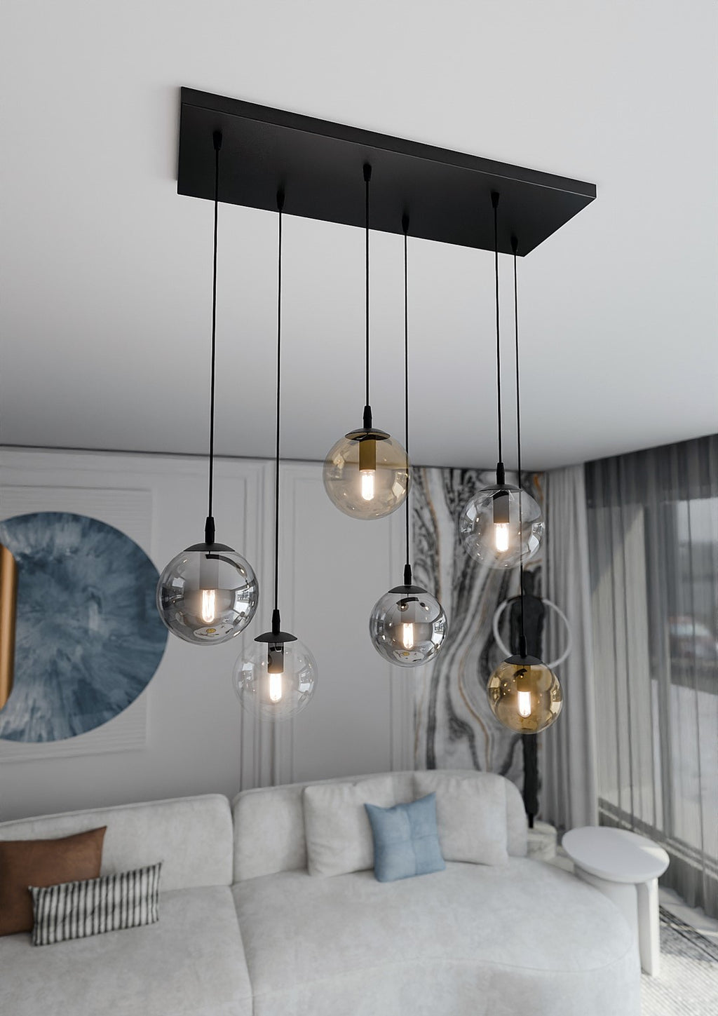 Hanglamp gepoedercoat staal en glas, modern, zwart met transparante, grafiet en amber kappen, 6 lichts, 65 x 120 cm