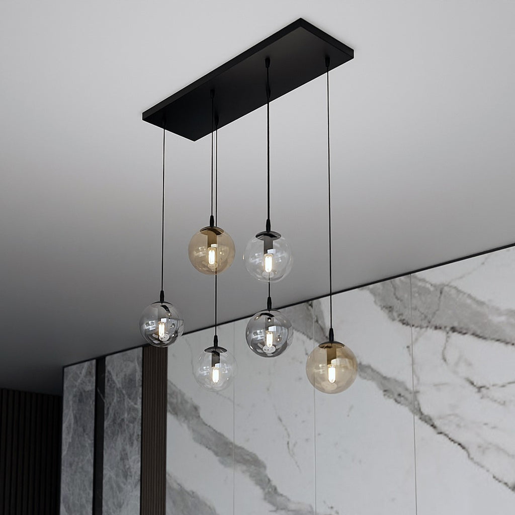 Hanglamp gepoedercoat staal en glas, modern, zwart met transparante, grafiet en amber kappen, 6 lichts, 65 x 120 cm